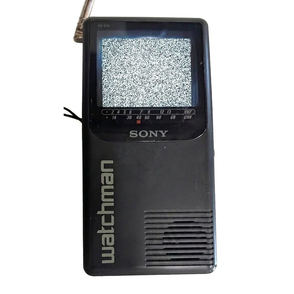 Sony Watchman Model FD-230 Flat Black and White TV, Antenna, Wrist Strap
